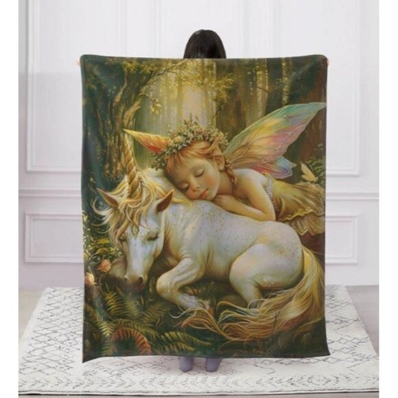 New Baby Fairy and Unicorn Plush Throw Blanket Gift Soft Mystical Forest Light - Picture 4 of 5